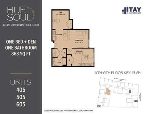 Floor plan for 1 bed, 1 bath, 868 sqft
